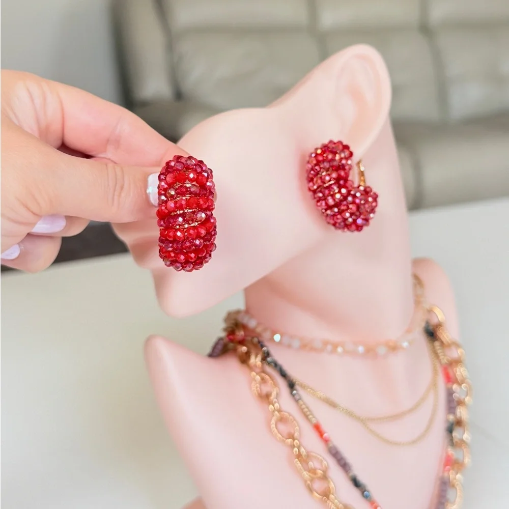 Trendy Red Beaded Hoop Earrings - Women Jewelry